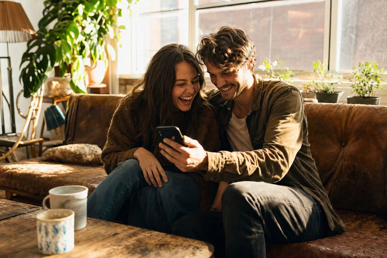 A couple sits on a cozy couch, laughing while looking at a phone. Sunlight filters through large windows, illuminating potted plants and warm decor.
