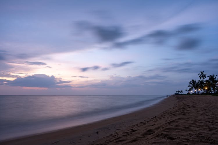 A tranquil beach at dusk with a serene ocean and cloudy sky. Soft glow on the horizon, silhouettes of palm trees create a peaceful ambiance.