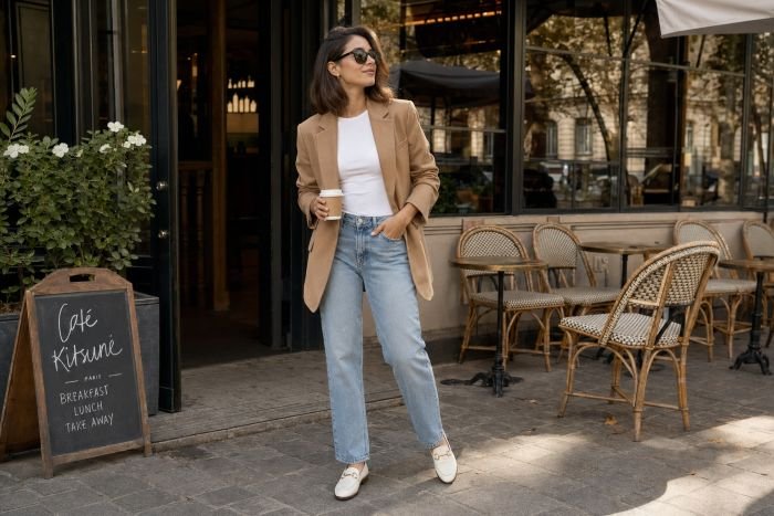 blazer simple tee straight leg jeans first date