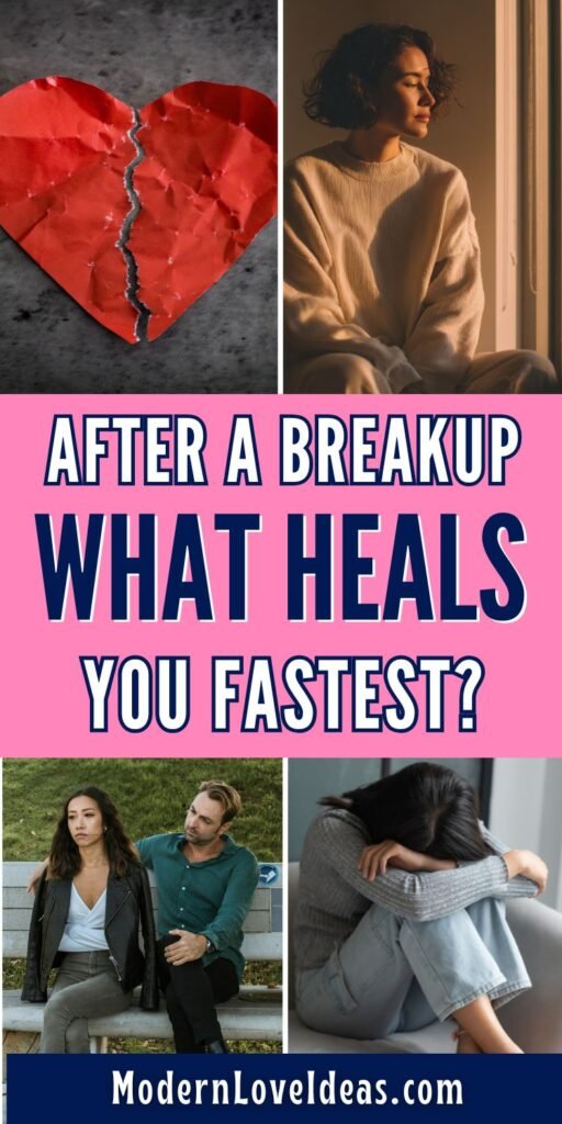 Collage image with a torn red heart, a pensive woman by a window, a couple sitting on a bench, and a person hugging knees, conveying post-breakup emotions.