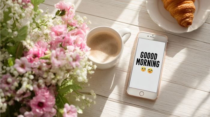 Morning coffee and smartphone with cute flirty good morning text message and coffee emoji