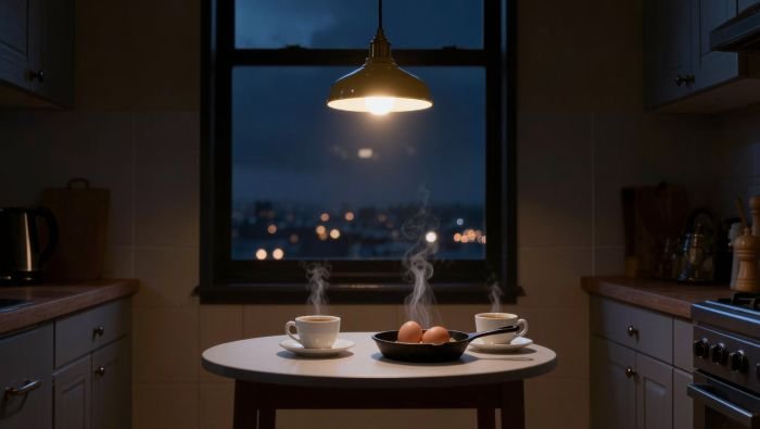 A dark kitchen at 3am, one pendant light over a small table set for two, steam rising from two coffee cups, eggs on a cast iron pan, city lights faintly visible through a dark window, quiet and intimate atmosphere