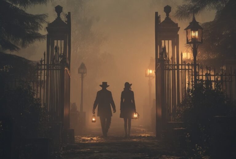 Two silhouettes walking through a fog-covered cemetery at night, one holding a lantern, tall iron gates in the background, moonlight breaking through dark clouds, dark romance aesthetic, muted cool tones with warm amber light