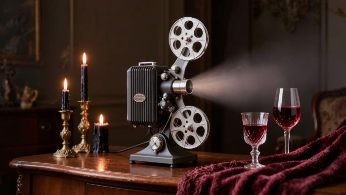 A cozy dark living room with a vintage projector casting soft light, black candles burning on a wooden table, deep red wine in crystal glasses, velvet throw blanket, moody and intimate, no people