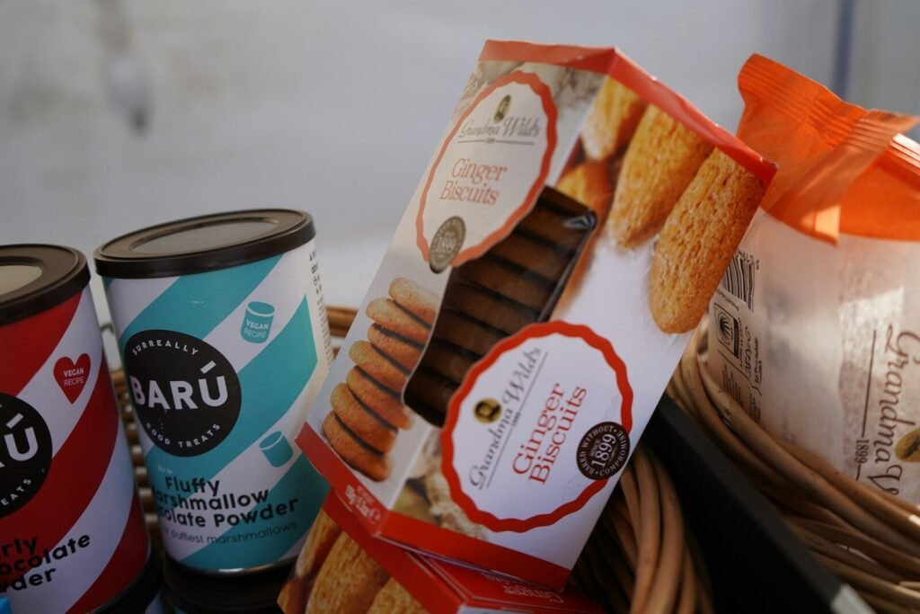 Packages of biscuits and hot chocolate mix