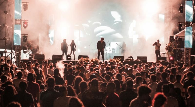 A large crowd enjoys a vibrant music concert at night, with silhouettes of performers on stage, bright lights, and a smoky, energetic atmosphere.