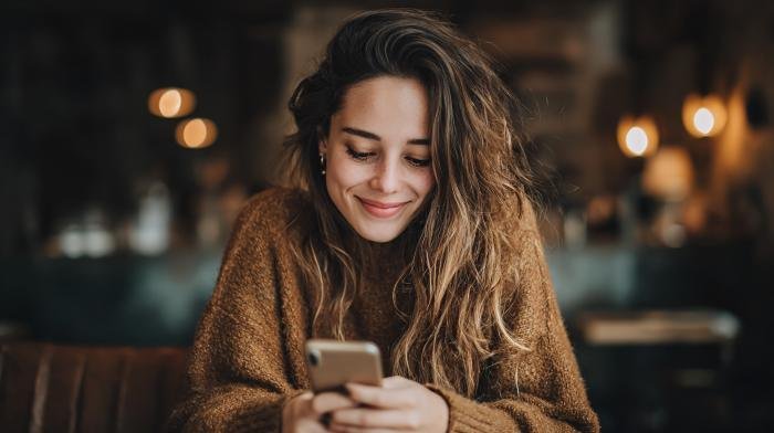 Young woman smiling nervously while texting someone new after a first date