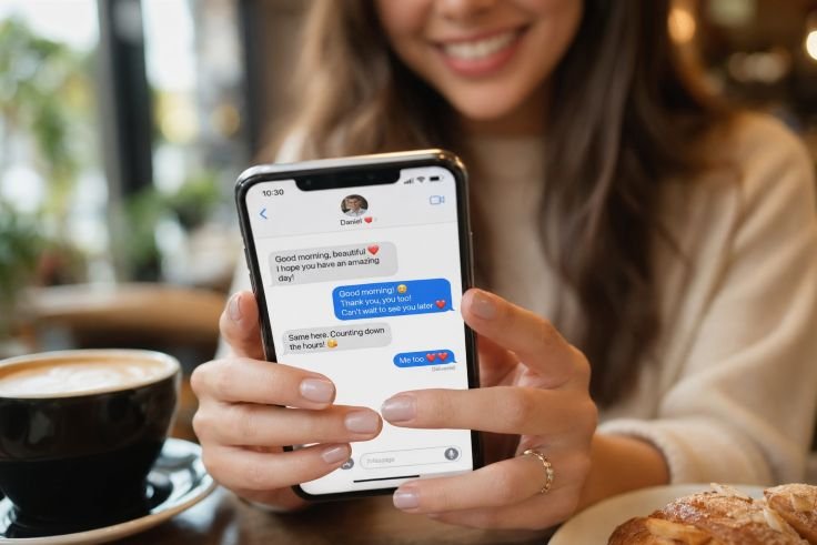 Woman smiling while texting flirty message on smartphon