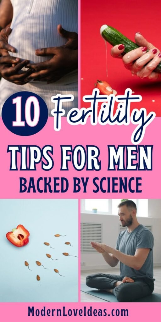 Collage with a man holding his stomach, hand squeezing a cucumber, sliced apple with sperm illustrations, man meditating, and text on fertility tips.