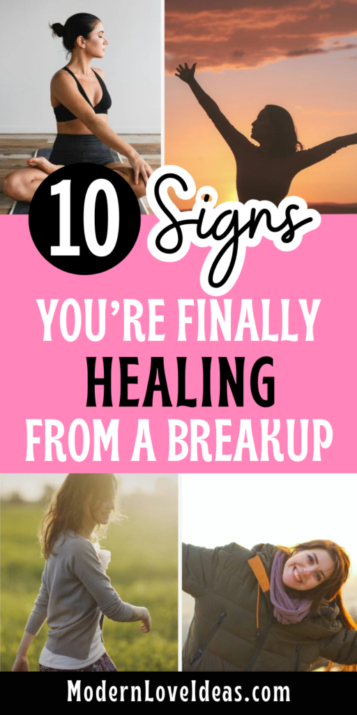 Collage of serene women with text '10 Signs You're Finally Healing From a Breakup.' Features women meditating, stretching, and smiling outdoors.