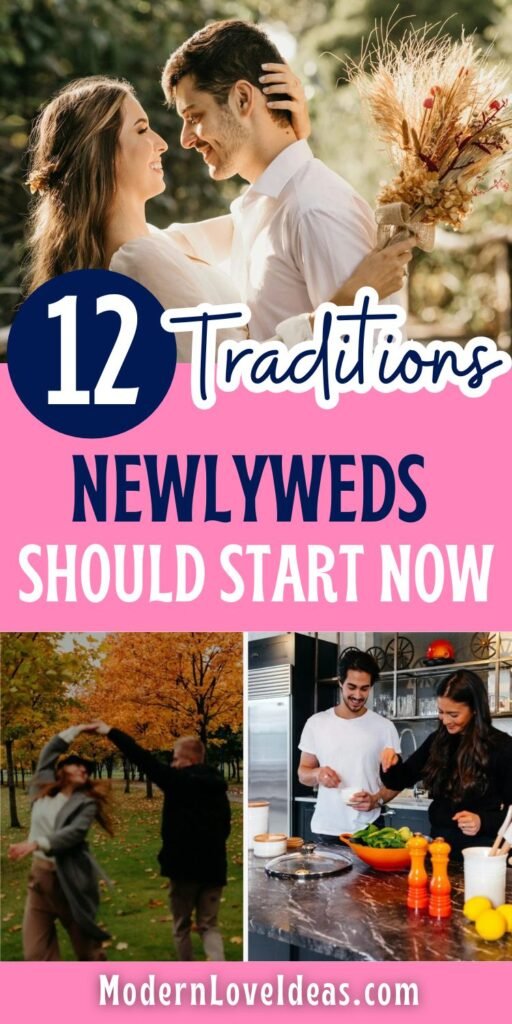 Couple in love, smiling at each other holding dried flowers. They enjoy outdoor walks in autumn and cooking together. Text: "12 Traditions Newlyweds Should Start Now."