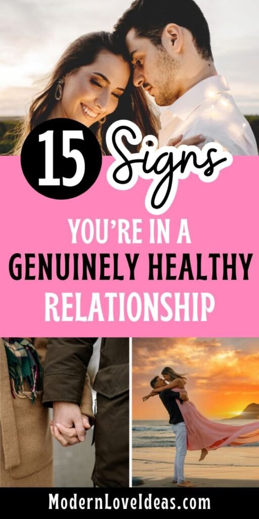 A couple smiling closely under a sunset, with text over a pink background: "15 Signs You’re in a Genuinely Healthy Relationship." Below, a couple holding hands, and another couple dancing on the beach at sunset.