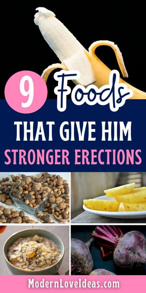 Collage promoting foods for stronger erections, featuring a peeled banana, nuts, pineapple slices, muesli with honey, and beets. Energetic and informative tone.