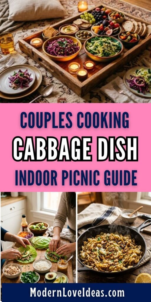 Collage of a cozy indoor picnic setup with a wooden tray of assorted dishes, including a cabbage salad, fruits, and bread. Below, two images show people preparing a vibrant salad with various ingredients and a sizzling cabbage dish in a pan. Text overlays read 'Couples Cooking Cabbage Dish Indoor Picnic Guide' and 'ModernLoveIdeas.com.'