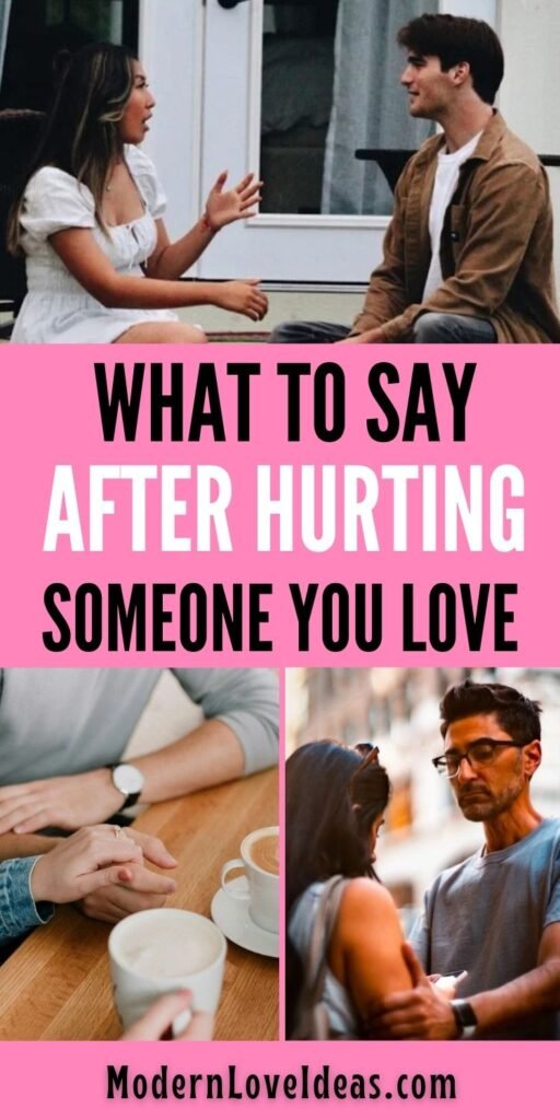 Collage poster with a couple talking on a porch, two hands holding over coffee, and a couple in deep conversation. Text reads, "What to say after hurting someone you love."