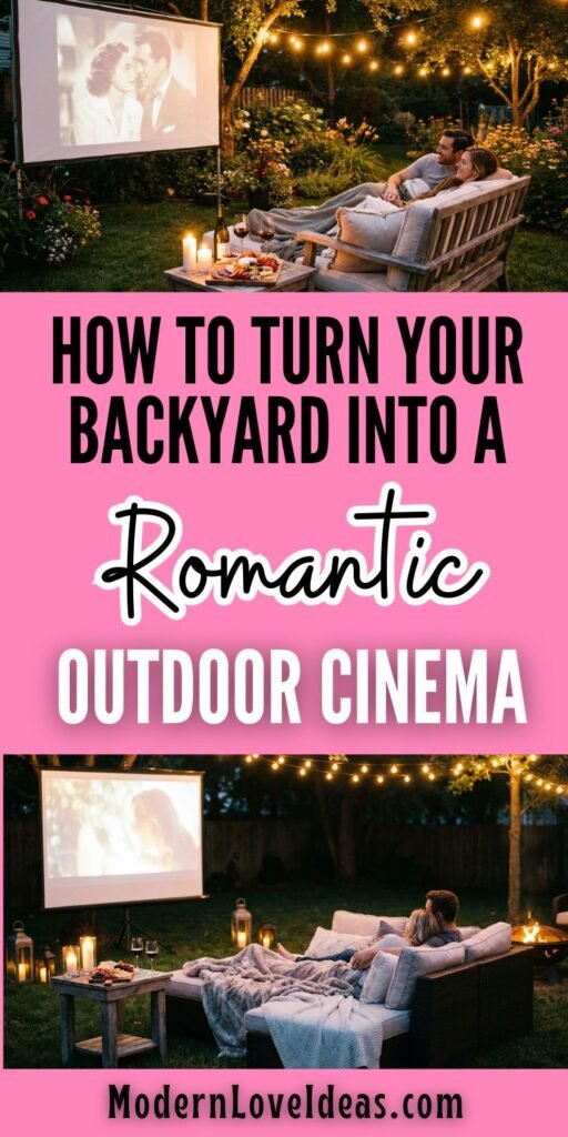 A couple sits on a cozy outdoor sofa watching a movie on a projector screen in a garden, surrounded by string lights. Text: "How to Turn Your Backyard Into a Romantic Outdoor Cinema."