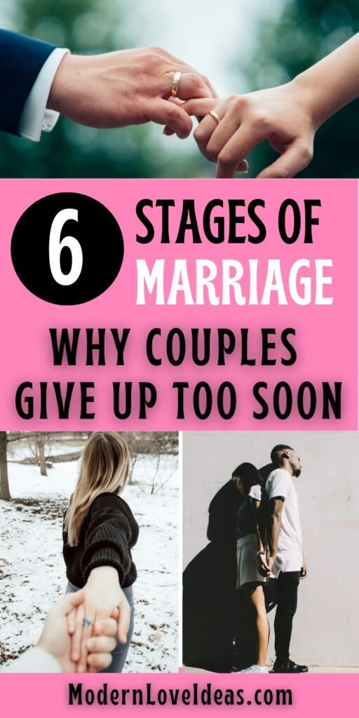 Two hands reaching towards each other, pink text stating "6 Stages of Marriage: Why Couples Give Up Too Soon," with ModernLoveIdeas.com below.