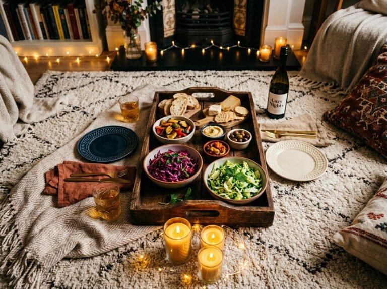 A cozy living room floor picnic for two, soft candlelight, a wooden tray with small bowls of colorful food including purple and green cabbage dishes, fairy lights in the background, warm golden tones, overhead flat lay shot, editorial food photography style.
