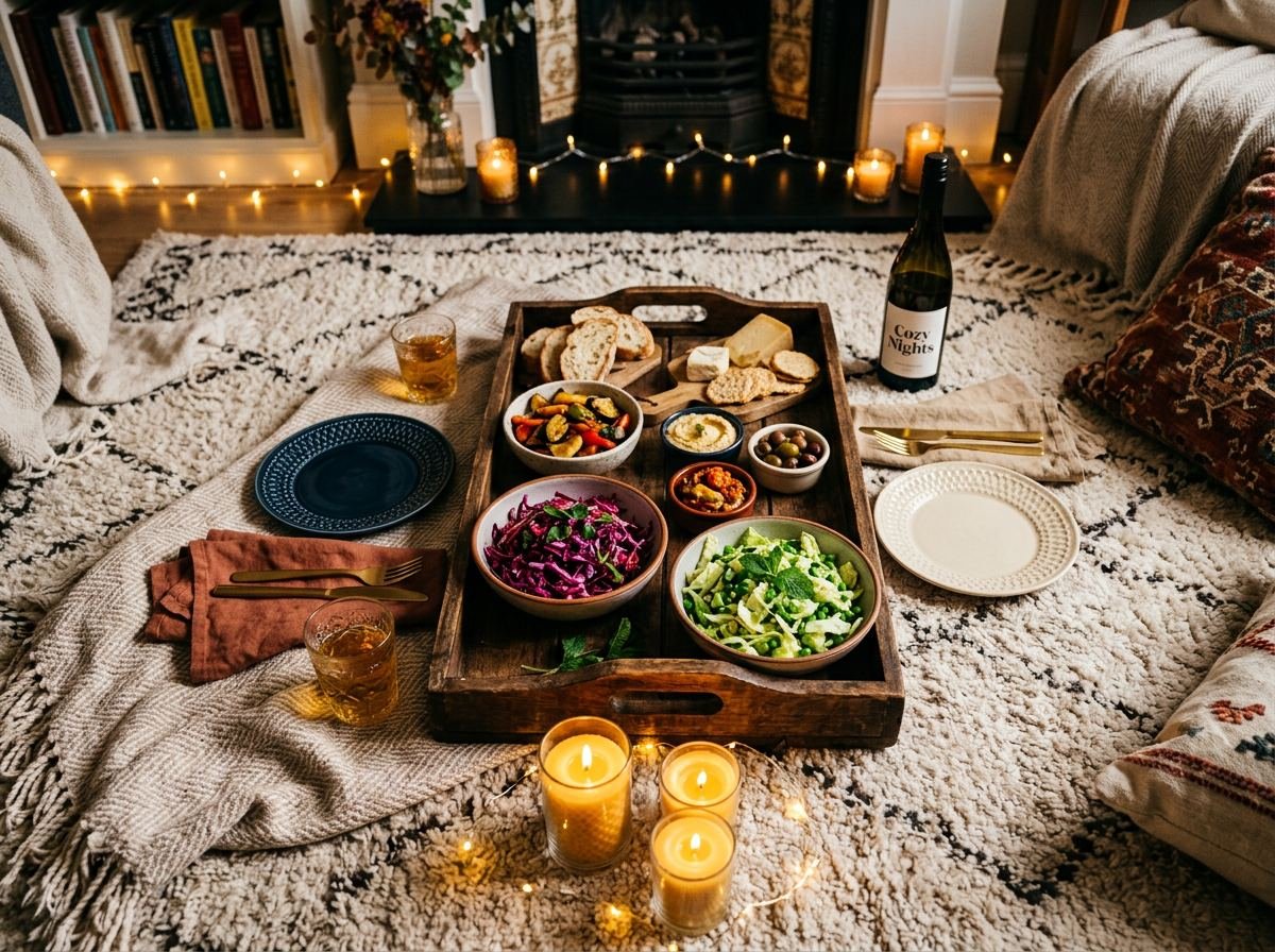 A cozy living room floor picnic for two, soft candlelight, a wooden tray with small bowls of colorful food including purple and green cabbage dishes, fairy lights in the background, warm golden tones, overhead flat lay shot, editorial food photography style.