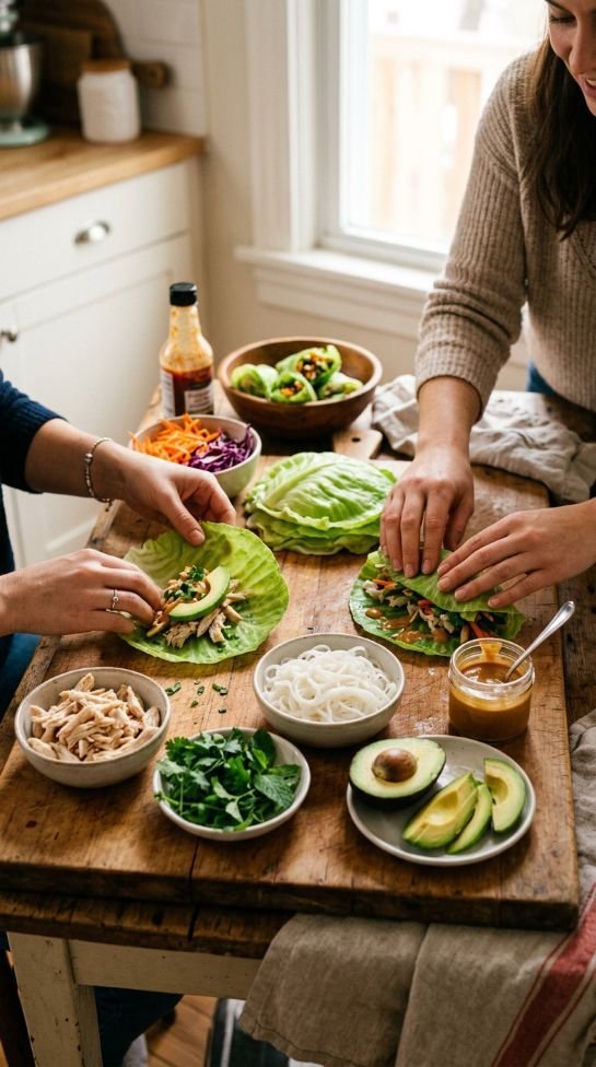 Two sets of hands building cabbage leaf wraps together over a wooden board with small bowls of fillings, avocado slices, herbs, and sauce, warm natural light, lifestyle photography feel, slightly candid angle.
