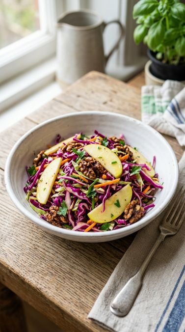A white ceramic bowl of vibrant red and purple cabbage slaw with thin apple slices and walnuts, dressed with a light vinaigrette, natural daylight, close-up shot, fresh and colorful styling.