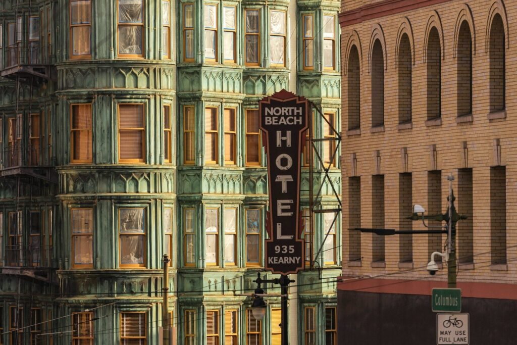 North beach hotel sign on vintage building