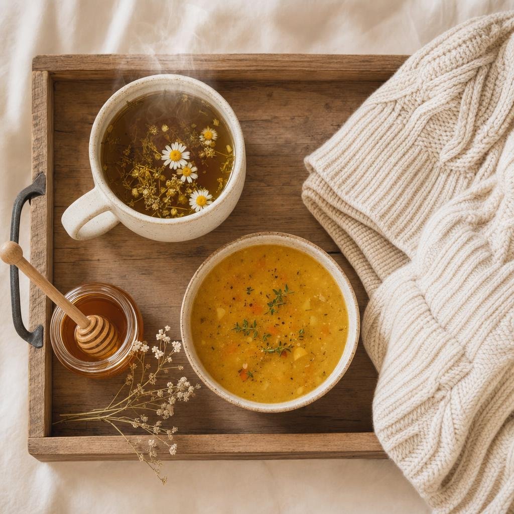 A wooden tray holding a steaming mug of tea, a small bowl of soup, honey, and a folded blanket, soft diffused light, cozy and nurturing, warm beige tones, top down flat lay