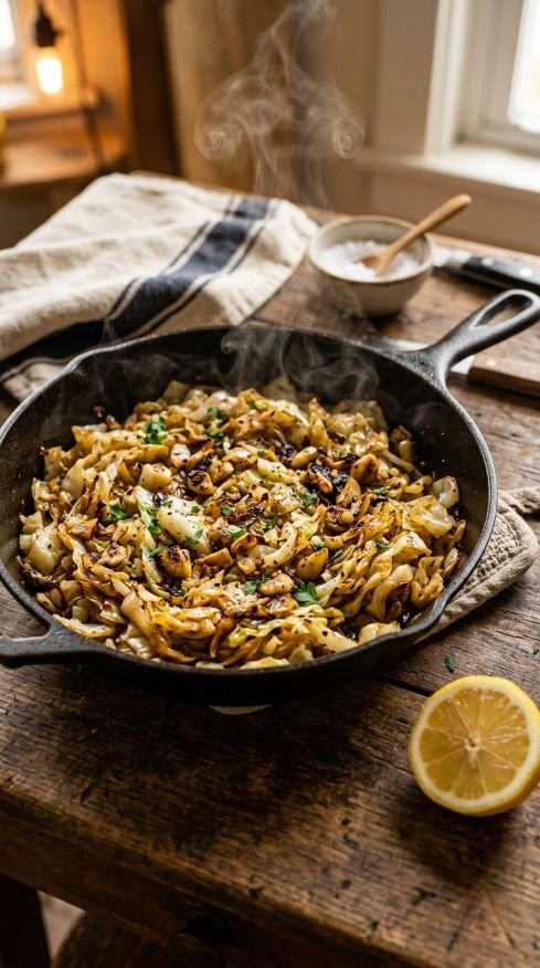 A cast iron skillet with golden caramelized green cabbage and garlic, steam rising slightly, lemon half on the side, rustic wooden surface, warm kitchen lighting, close-up angled shot.