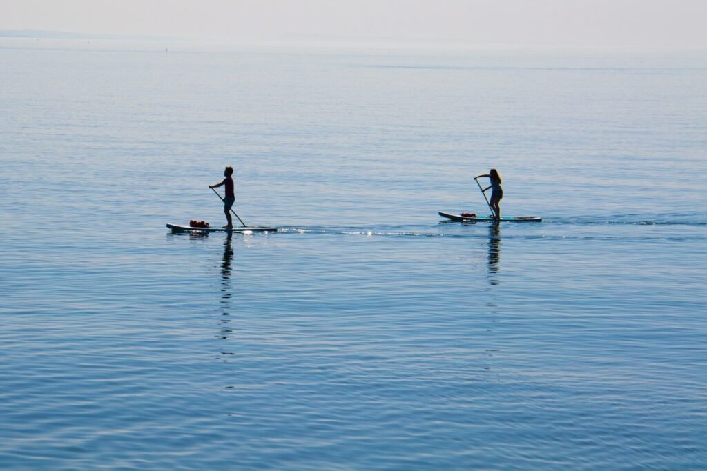 people ridding paddleboard on body of water