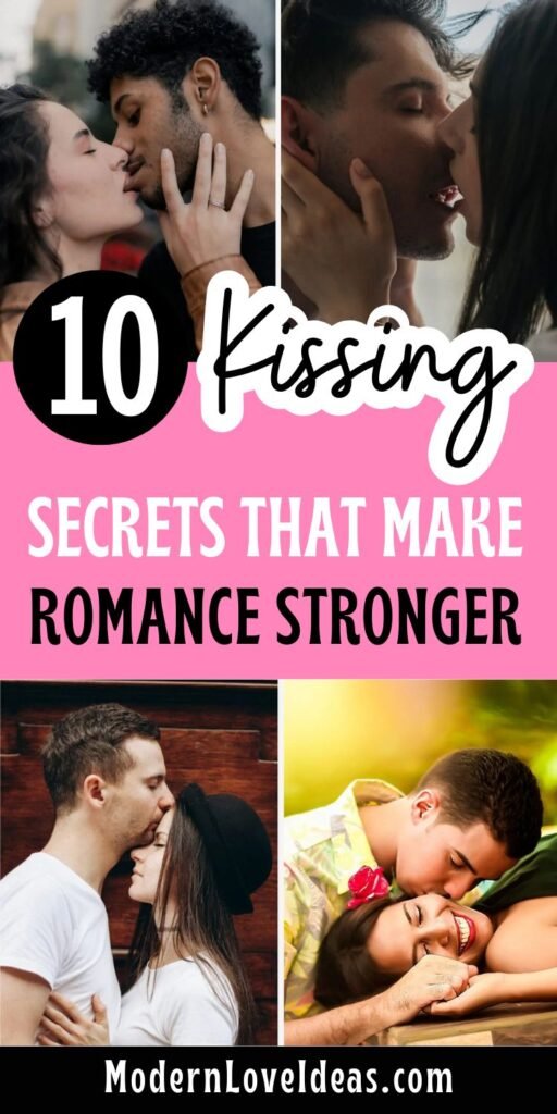 Collage of couples kissing with text overlay: "10 Kissing Secrets That Make Romance Stronger." Romantic tone, focus on intimacy and connection.