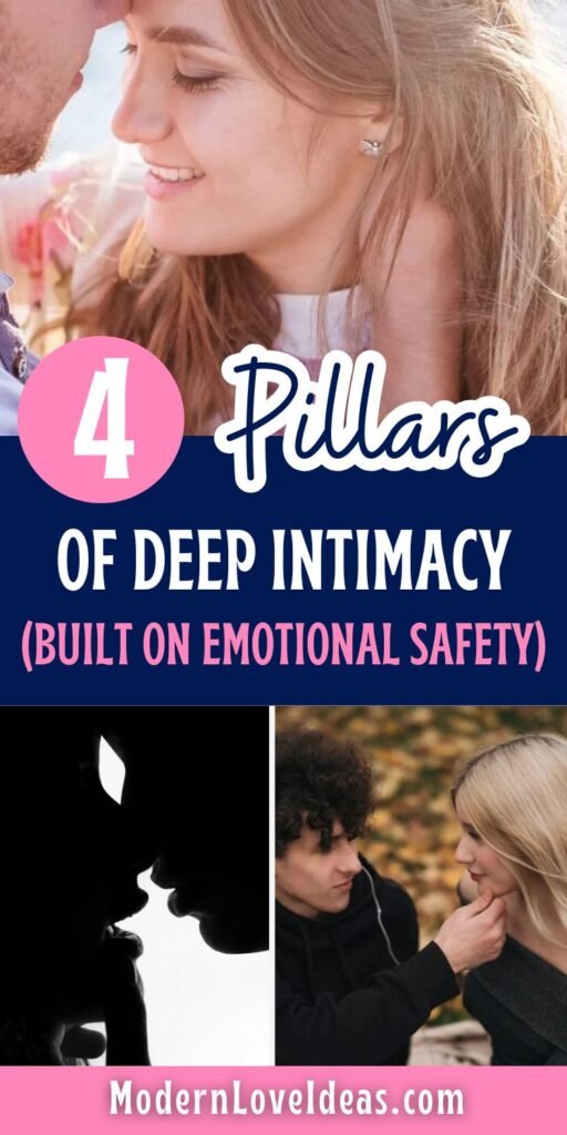A collage promotes “4 Pillars of Deep Intimacy.” It features a couple gazing affectionately, a silhouette of a near-kiss, and a tender moment. Text: "ModernLoveIdeas.com."