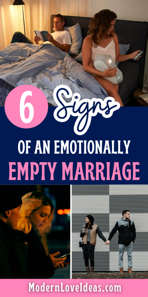 A woman and man sit back to back in bed, both looking at their phones; below are two couples interacting, with the text "6 Signs of an Emotionally Empty Marriage.