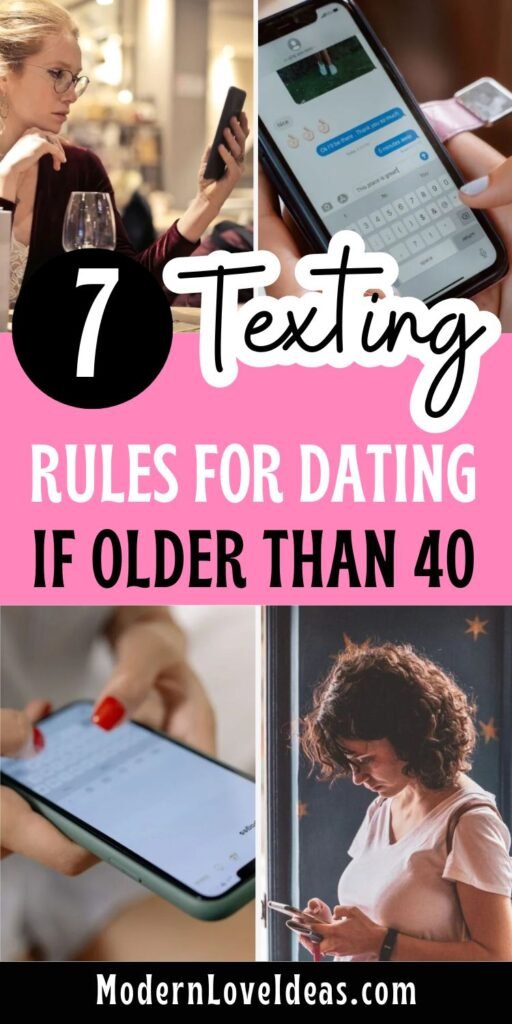Collage of four people texting, accompanied by the text "7 Texting Rules for Dating if Older Than 40" on a pink background. Calm and focused tone.