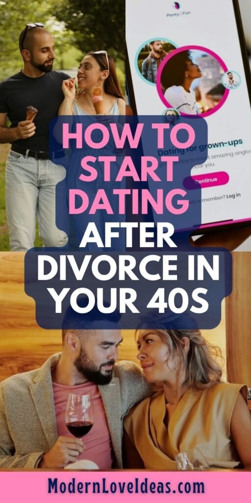 Man and woman enjoying ice cream together outdoors; a dating app on a phone; couple sharing wine. Text: "How to Start Dating After Divorce in Your 40s."