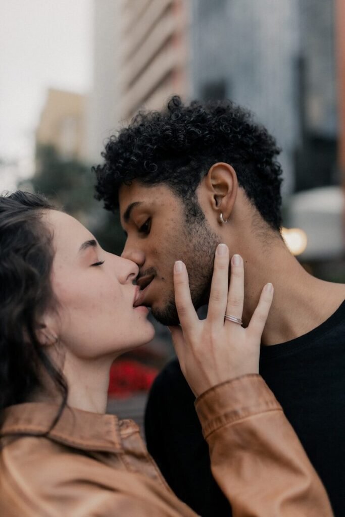 A couple shares an intimate moment.