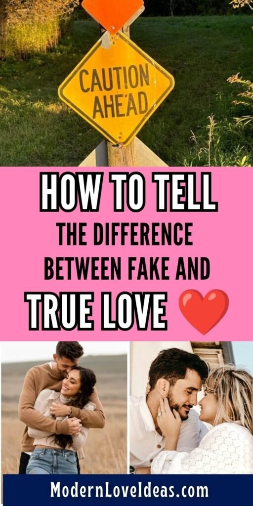 A caution sign above the text "How to tell the difference between fake and true love" with photos of a couple hugging and another couple smiling at each other.