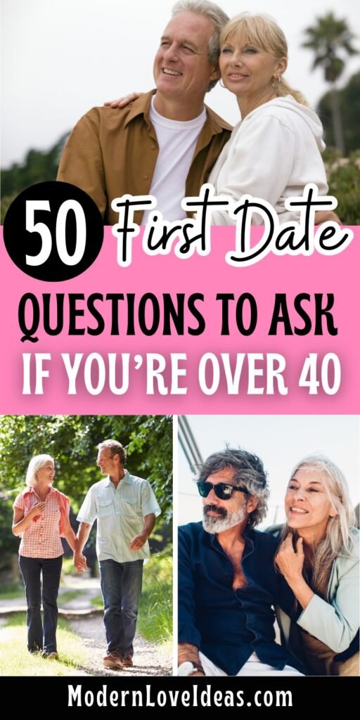 A collage featuring mature couples with text reading 50 First Date Questions To Ask If You’re Over 40 and the website URL ModernLoveIdeas.com.
