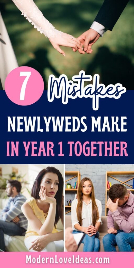 A collage showing a couple holding hands, text about 7 mistakes newlyweds make in year 1, and photos of couples in various states of distress.