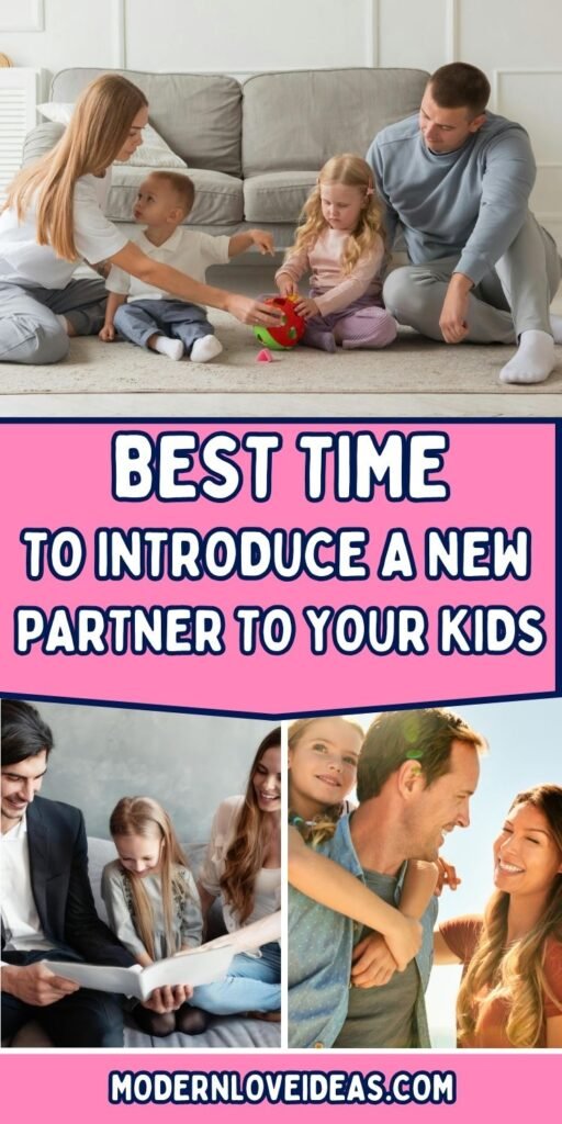 Parents playing on the floor with two young children, with text about the best time to introduce a new partner to your kids