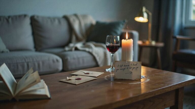 A warm dimly lit living room at dusk, a handwritten note on a cream index card propped against a lit candle on a wooden coffee table, a few small sealed envelopes scattered nearby, a glass of red wine slightly out of focus, cozy blanket on the couch behind, soft golden lamp light, shot on 35mm film, shallow depth of field, muted warm palette, no people, unstaged and intimate.