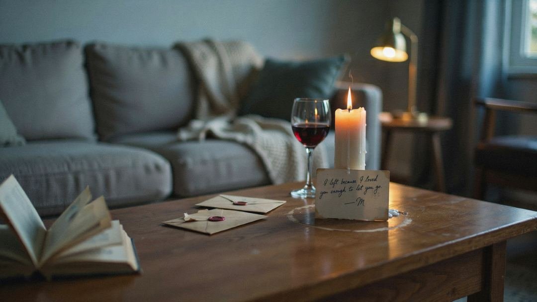 A warm dimly lit living room at dusk, a handwritten note on a cream index card propped against a lit candle on a wooden coffee table, a few small sealed envelopes scattered nearby, a glass of red wine slightly out of focus, cozy blanket on the couch behind, soft golden lamp light, shot on 35mm film, shallow depth of field, muted warm palette, no people, unstaged and intimate.