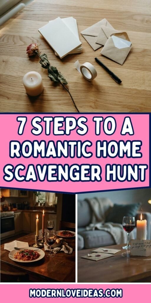A collage featuring an overhead view of stationery, envelopes, a candle, a dried rose, and tape on a wooden table, text reading "7 STEPS TO A ROMANTIC HOME SCAVENGER HUNT" in large pink lettering with white outlines, and two smaller images: one of a romantic dinner setting with candles and pasta, and another of a table with a candle, wine, and sealed envelopes.