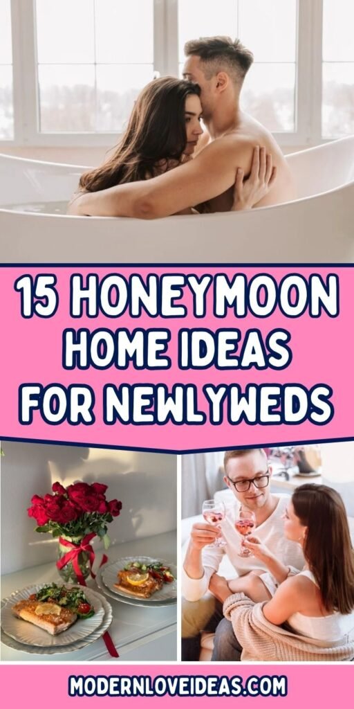 A couple embraces in a bathtub with a view of windows. Below the image, text reads "15 HONEYMOON HOME IDEAS FOR NEWLYWEDS" and a website address.